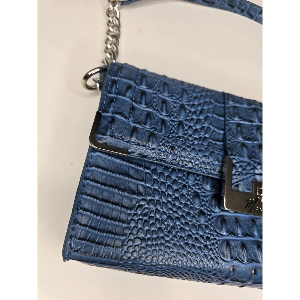 Mark Fisher Women's Purse Handbag Blue Croc Print Faux Chain Clutch Gold Snap
